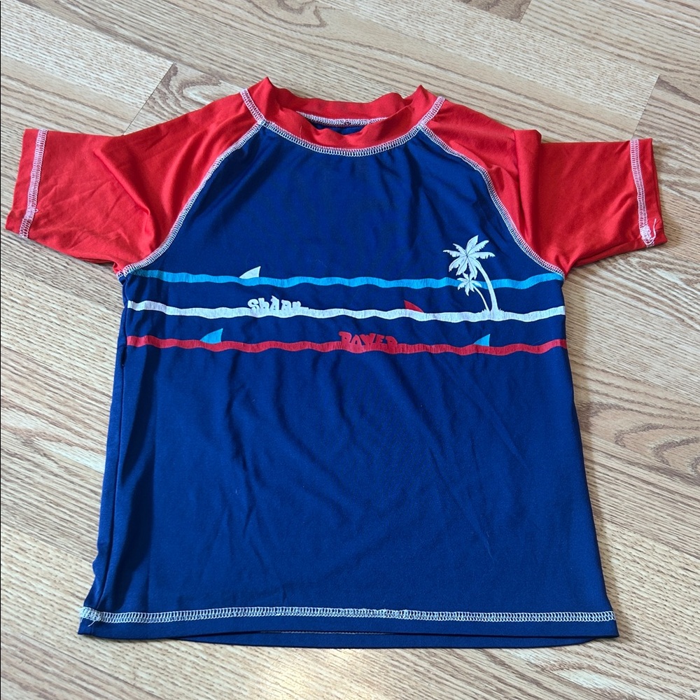 Boys swim trunks and rashguard set sz 8 shark palm tree red, white, + blue 🦈 🌴 - Picture 5 of 6